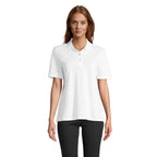 White stretch fit women's polo shirt, front view