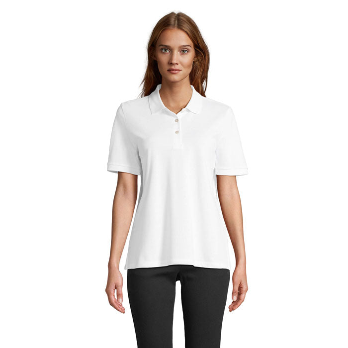 White stretch fit women's polo shirt, front view