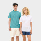 Model wearing a branded recycled sports polo shirt