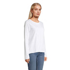 White branded long sleeve women's t-shirt, side view