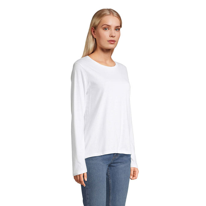 White branded long sleeve women's t-shirt, side view