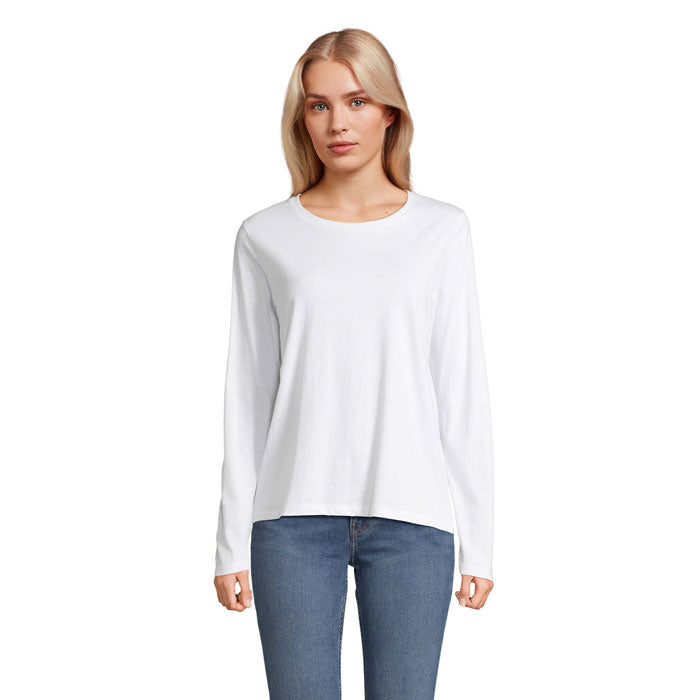 White branded long sleeve women's t-shirt, front view