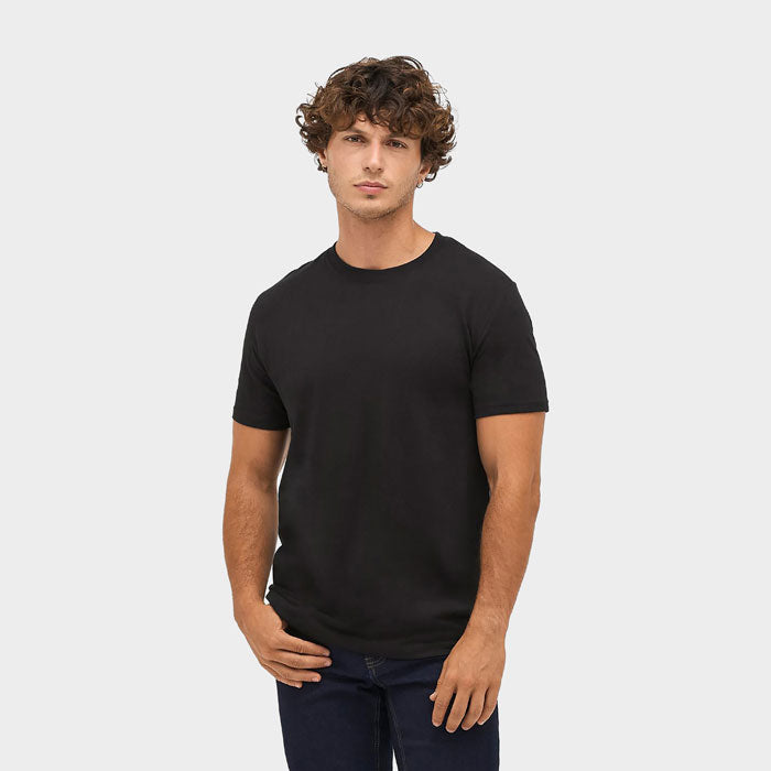 Model wearing a branded recycled blend t-shirt