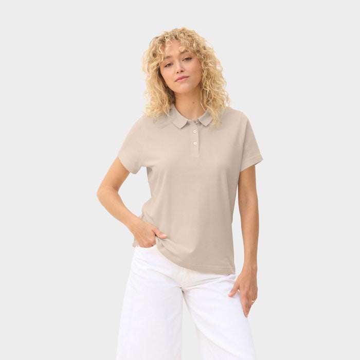 Model wearing a branded women's polo shirt