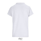 White women's branded polo shirt, back view