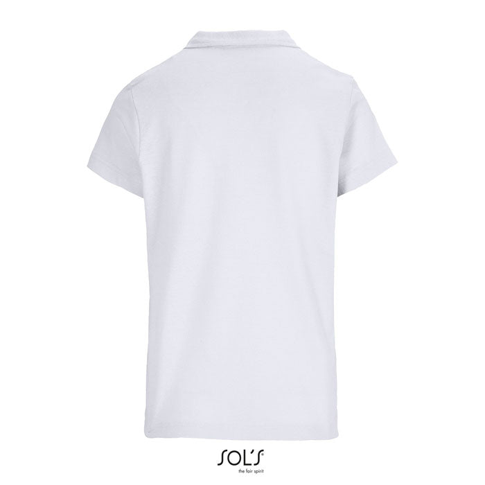 White women's branded polo shirt, back view