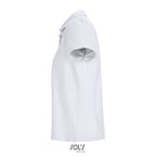 White women's branded polo shirt, side view