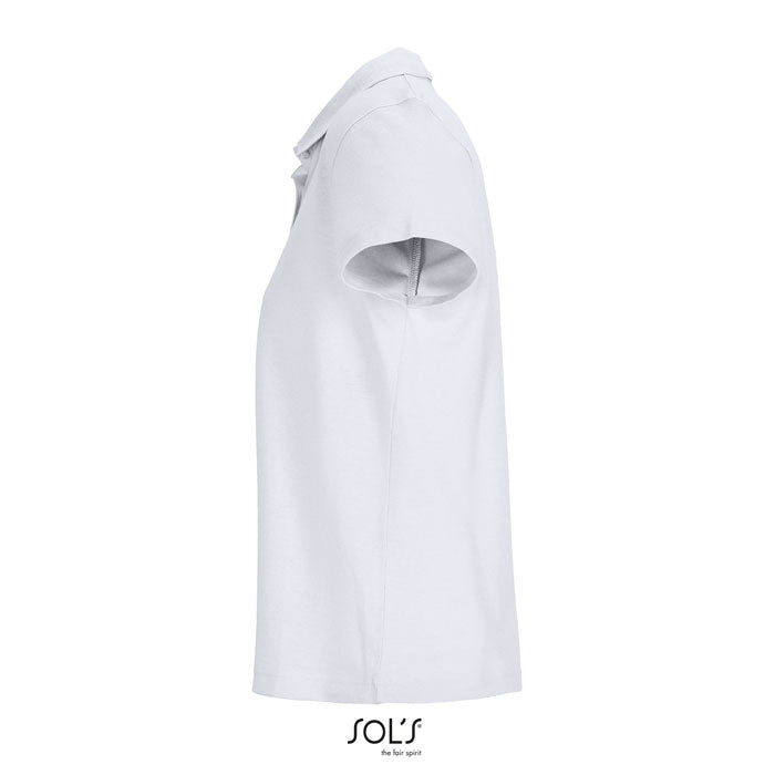 White women's branded polo shirt, side view