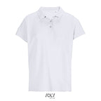 White women's branded polo shirt, front view