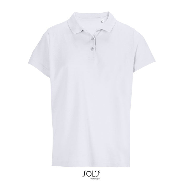 White women's branded polo shirt, front view