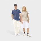Model wearing a branded unisex polo shirt