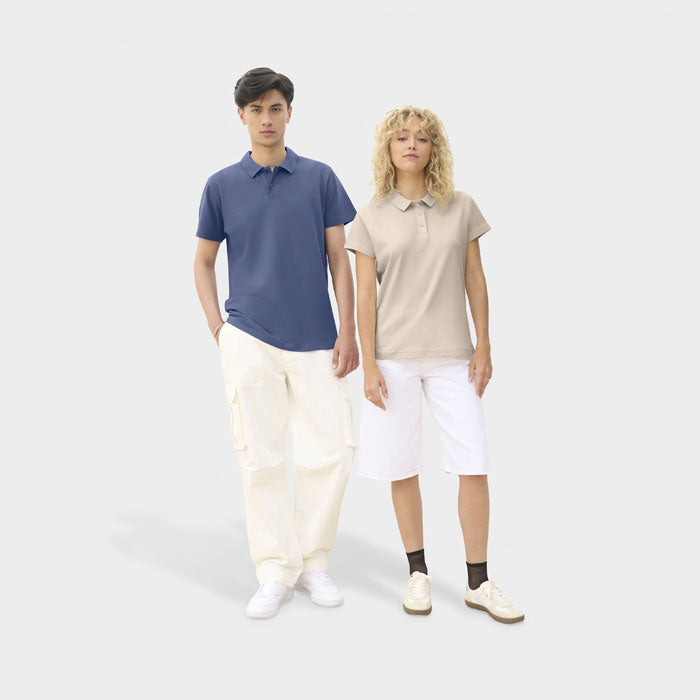 Model wearing a branded unisex polo shirt