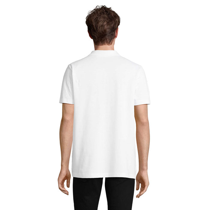 White unisex branded polo shirt, back view