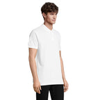 White unisex branded polo shirt, side view