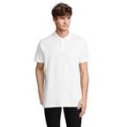 White unisex branded polo shirt, front view