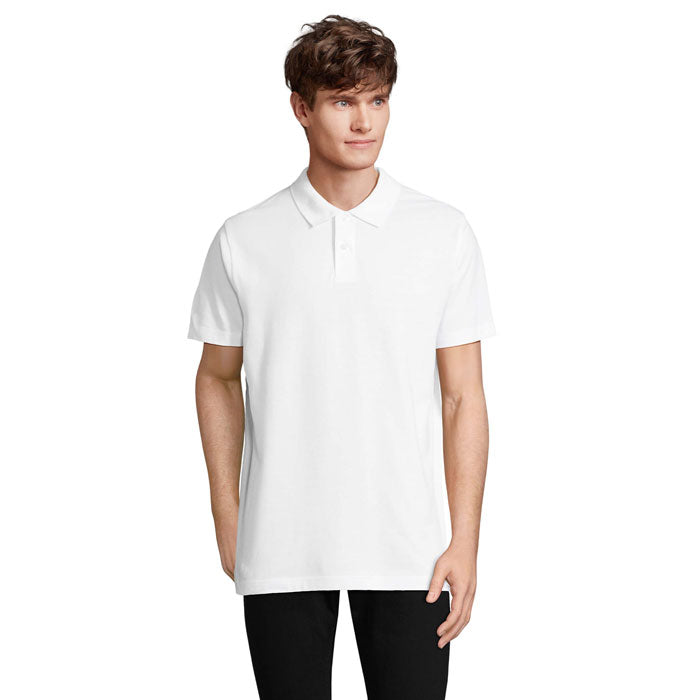 White unisex branded polo shirt, front view