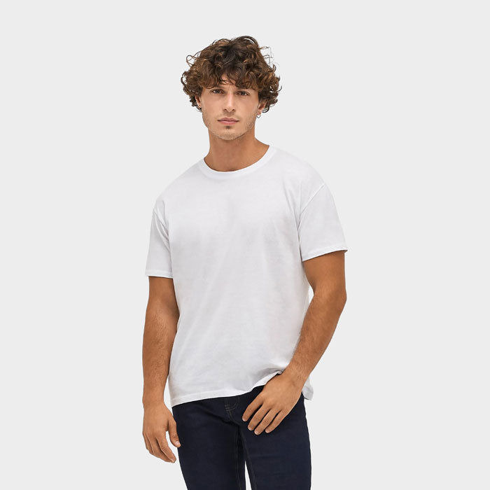 Model wearing a branded value t-shirt