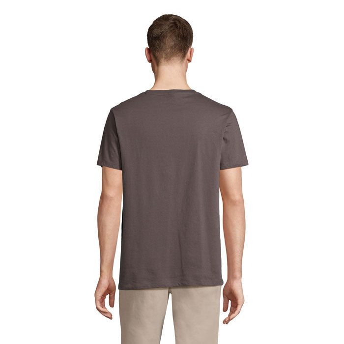 Grey branded V-neck t-shirt, back view
