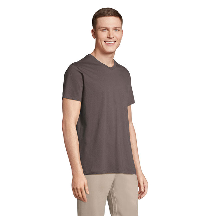 Grey branded V-neck t-shirt, side view