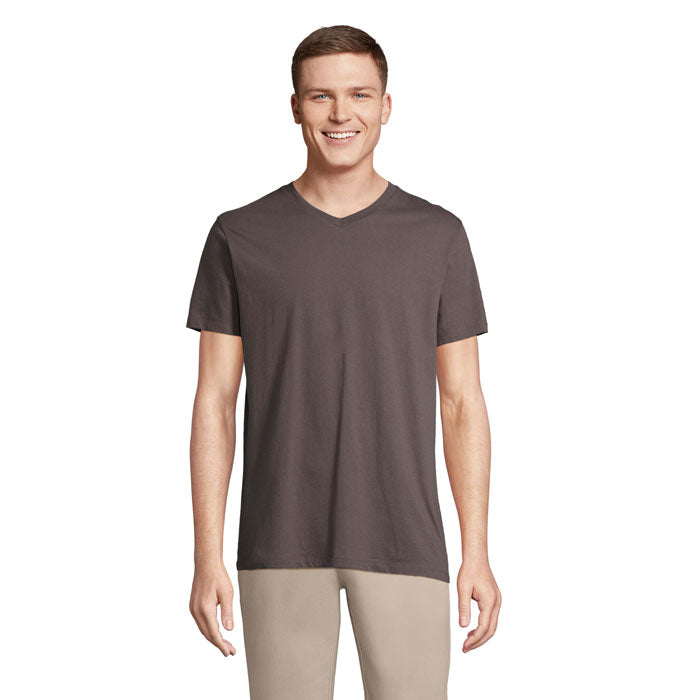 Grey branded V-neck t-shirt, front view