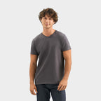 Model wearing a branded V-neck t-shirt