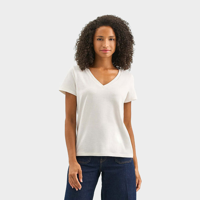 Model wearing a branded V-neck women's t-shirt