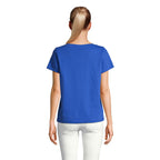 Blue branded V-neck women's t-shirt, back view