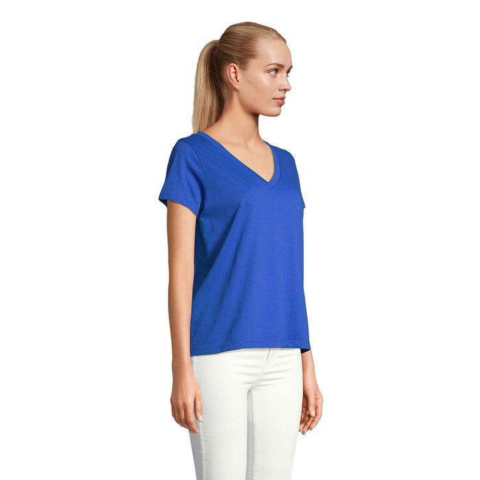 Blue branded V-neck women's t-shirt, side view