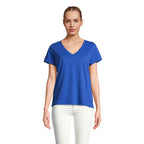 Blue branded V-neck women's t-shirt, front view