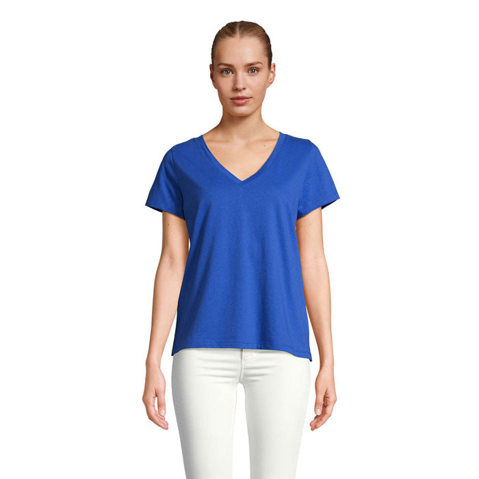Blue branded V-neck women's t-shirt, front view