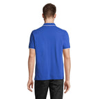 Royal blue and white contrast stripe polo shirt, back view