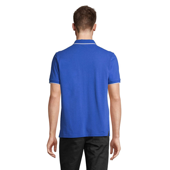Royal blue and white contrast stripe polo shirt, back view