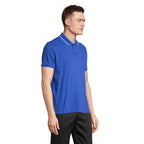 Royal blue and white contrast stripe polo shirt, side view