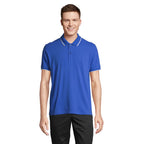Royal blue and white contrast stripe polo shirt, front view