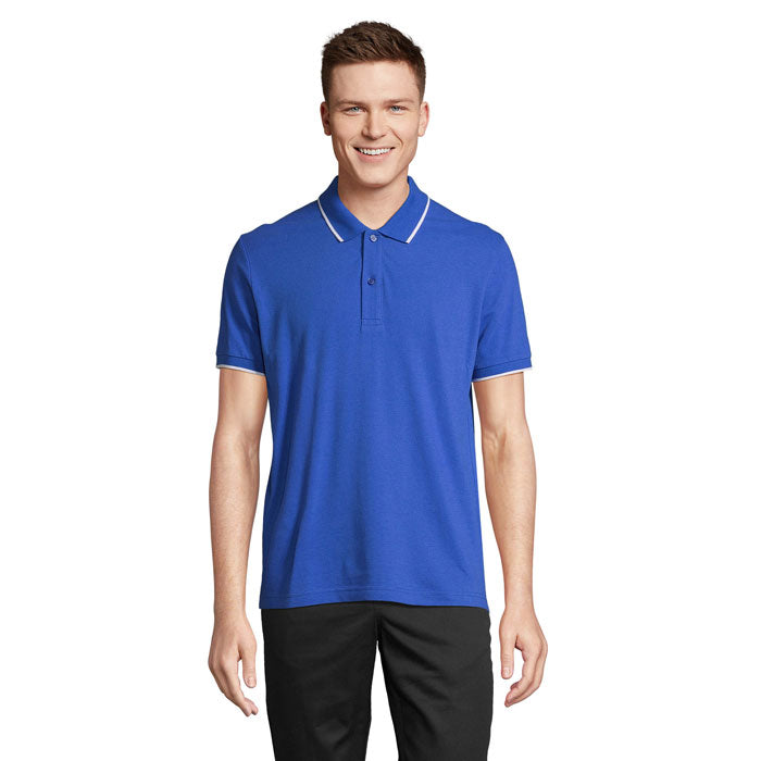 Royal blue and white contrast stripe polo shirt, front view