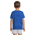 Blue branded kids sports t-shirt, back view