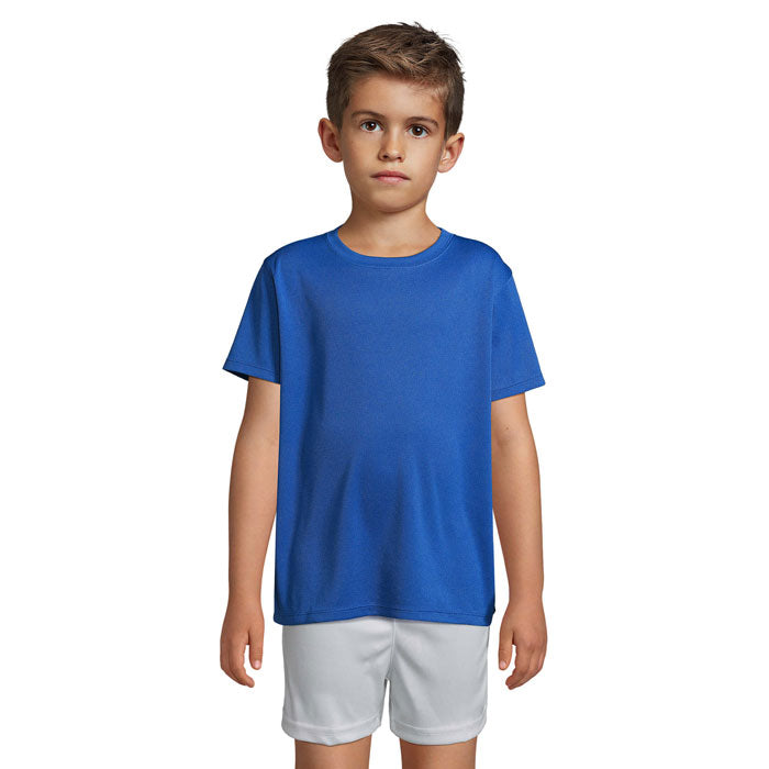 Blue branded kids sports t-shirt, front view