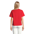 Red branded organic women's t-shirt, back view