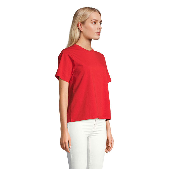 Red branded organic women's t-shirt, side view