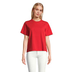 Red branded organic women's t-shirt, front view