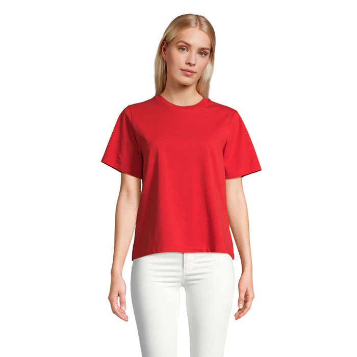 Red branded organic women's t-shirt, front view