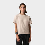 Model wearing a branded organic women's t-shirt