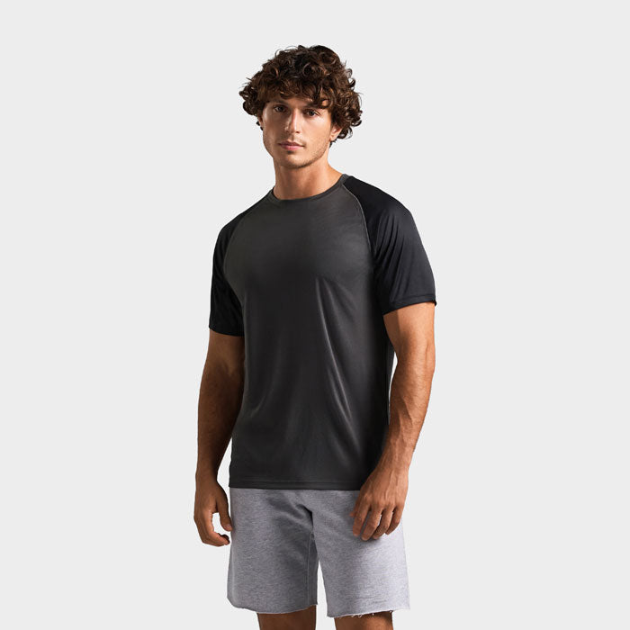 Model wearing a branded recycled raglan t-shirt