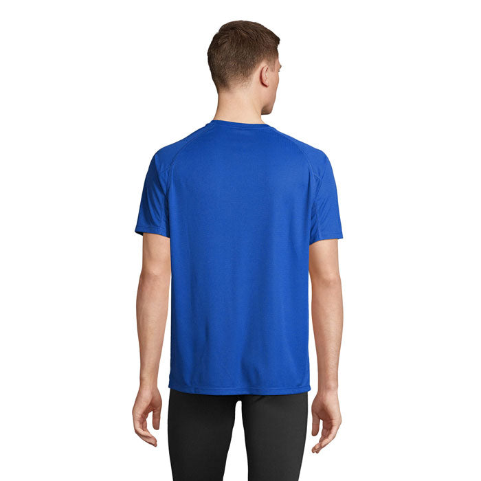 Blue branded recycled raglan t-shirt, back view