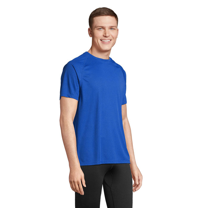 Blue branded recycled raglan t-shirt, side view