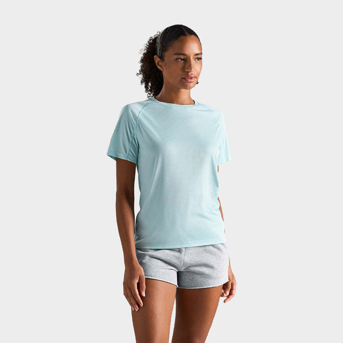 Model wearing a branded recycled raglan women's t-shirt