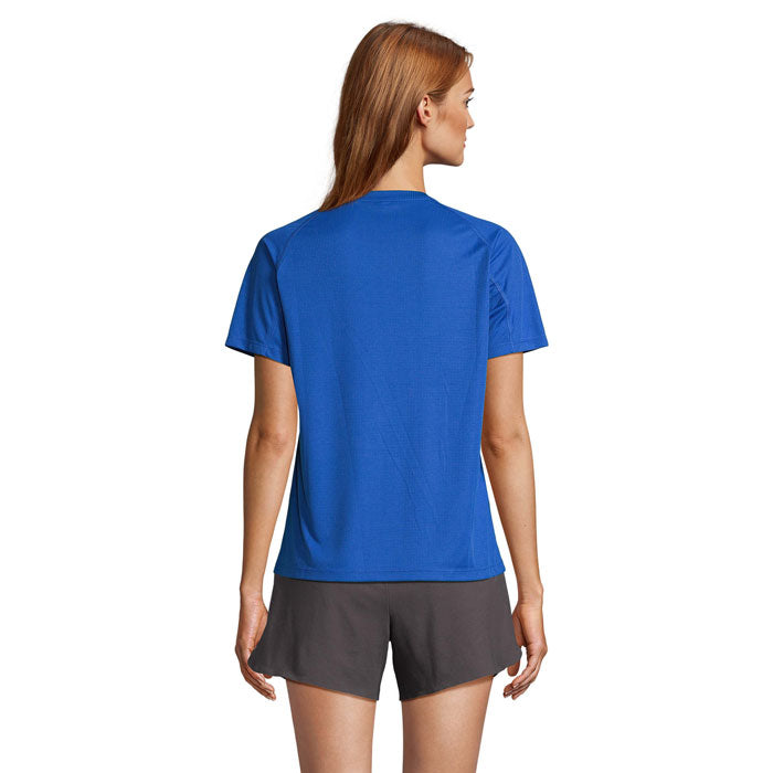 Blue branded recycled raglan women's t-shirt, back view