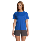 Blue branded recycled raglan women's t-shirt, front view