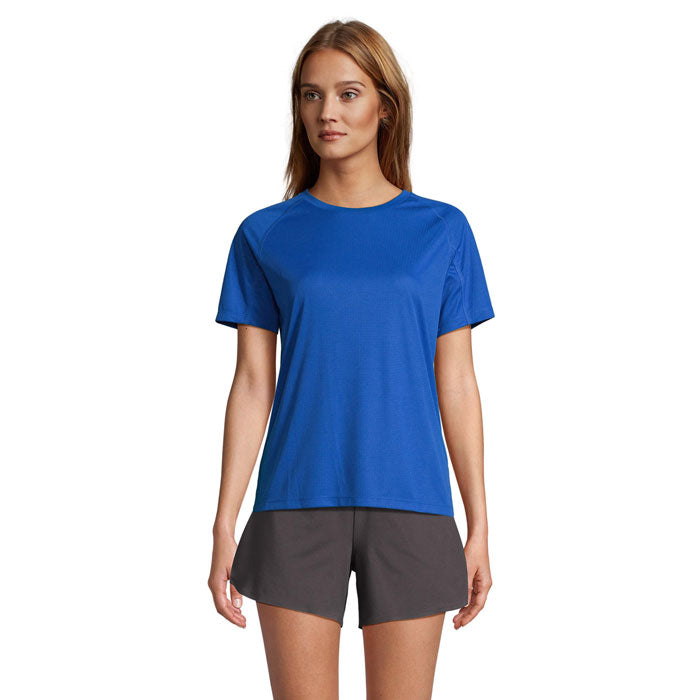 Blue branded recycled raglan women's t-shirt, front view