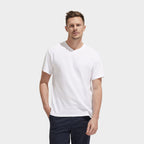Model wearing a branded value V-neck t-shirt